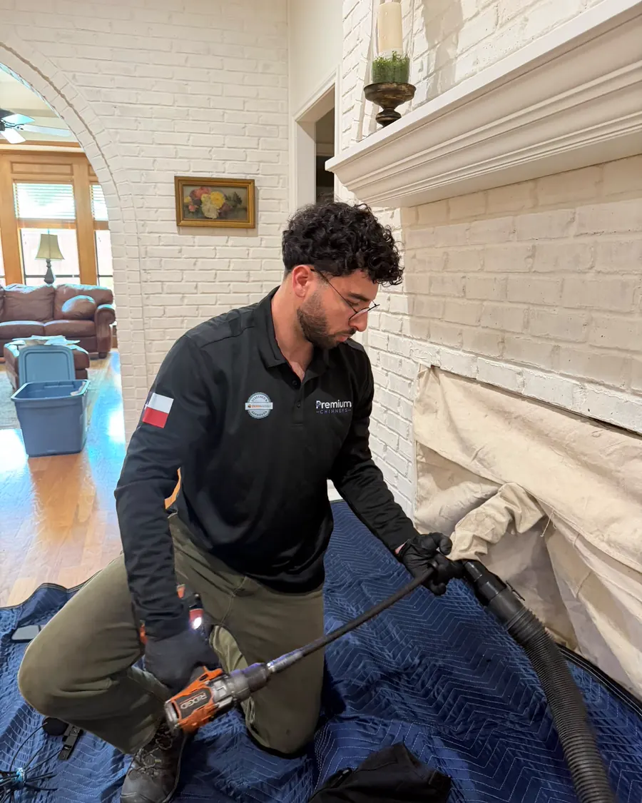 A Premium Chimneys technician kneeling on a drop cloth, cleaning a covered fireplace with a rotary brush and vacuum