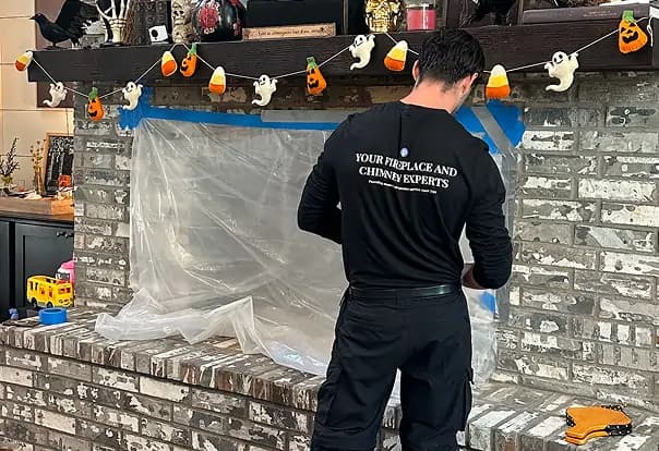 Chimney technician inspecting a residential rooftop chimney