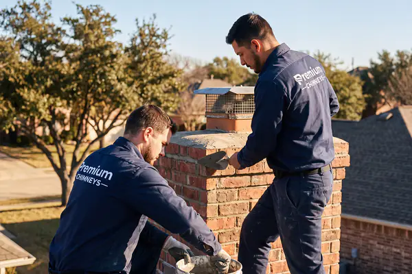 Two Premium Chimneys technicians repairing a brick chimney crown on a roof